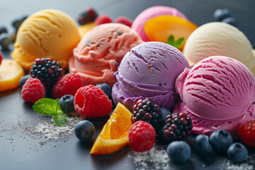 Assorted Berries and Ice Cream Scoops, Exquisite Flavor Medley - obrazy, fototapety, plakaty