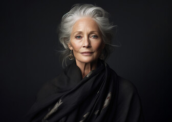 Portrait of an elegant older Caucasian woman with a black backdrop - 770087526