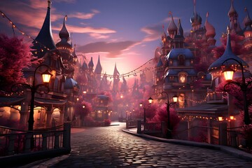Fantasy city at night with lanterns. 3D illustration. - obrazy, fototapety, plakaty