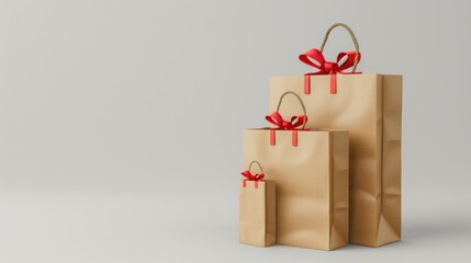 gift packaging and paper bags.gift box decorated with red ribbon, one small bag with orange ribbon, and two brown paper bags without decoration.AI generated image - Powered by Adobe