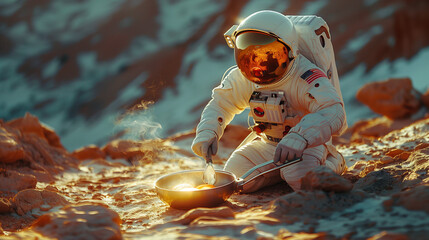 An astronaut cooks lunch on a mountain
