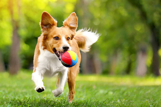 Hund rennt Ball hinterher 