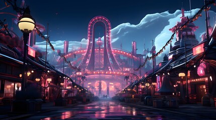 Amusement park at night - 3D Rendered Illustration - obrazy, fototapety, plakaty