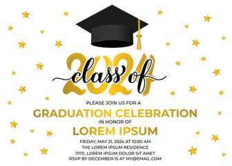 Graduation party invitation card template. Graduation celebration announcement. Class of 2024 vector illustration.