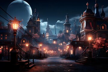 Night city landscape with old buildings and lanterns. 3d rendering