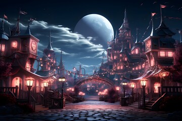 Halloween night scene with full moon and castle 3d rendering illustration