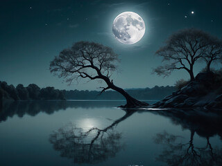 Fototapeta na wymiar a calm lake at night, silver moonlight, a silhouette of a lonely tree, a big silver moon, hyperrealistic, no clouds - generated by ai