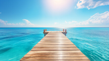 Wide angle wooden swimming pier in the tropical vacation resort under the sunlight. Summer concept. - obrazy, fototapety, plakaty