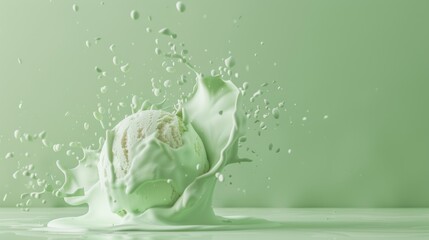 Green ice cream ball with splashes and flying isolated on pastel green background, copy space.