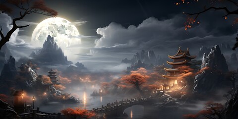 Fantasy landscape with full moon and pagoda. 3D rendering