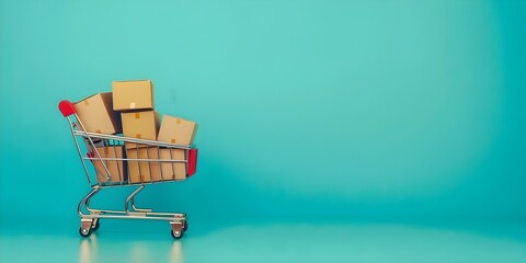 The Symbolism of a Shopping Cart Filled with Paper Boxes Representing Online Shopping and Home Delivery. Concept Online Shopping, Home Delivery, Paper Boxes, Symbolism, Shopping Cart - obrazy, fototapety, plakaty