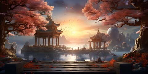 Fantasy landscape with full moon and pagoda. 3D rendering