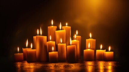 Beautiful Burning candles light on dark surface. AI generated image