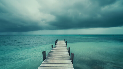 Fototapeta premium Wooden swimming pier in the tropical vacation resort under the clouds. Summer concept