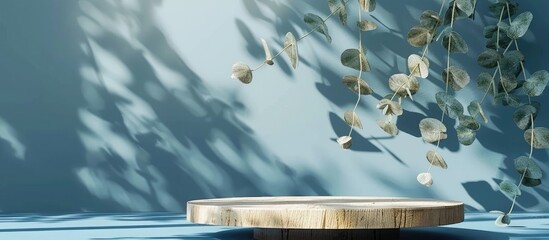 Wooden podium with eucalyptus leaves casting shadows on a blue background, designed as a stand for showcasing products. ed in 3D with a minimalistic concept, serving as an advertising template. - obrazy, fototapety, plakaty