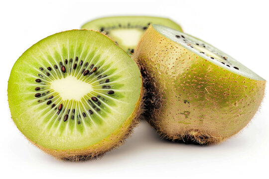 Ripe whole kiwi fruit and half kiwi fruit isolated on white backgroundisolated on solid white background.