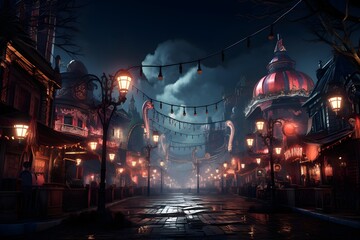 Illustration of a street at night in the city with lanterns