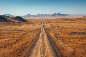 Lonely Desert Road Stretch, road adventure, path to discovery, holliday trip, Aerial view - obrazy, fototapety, plakaty