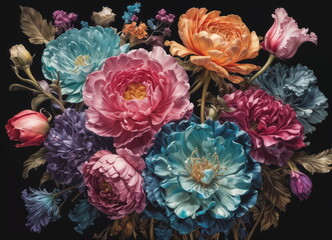 painting of a bouquet of flowers, primarily in shades of pink, blue, and purple, against a black background.
