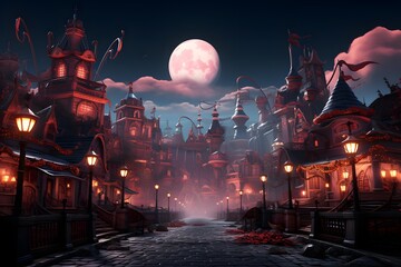 3D illustration of a fantasy city at night with a full moon