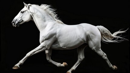 Obraz na płótnie Canvas Portrait beautiful white horse run forward in dark background. AI generated image