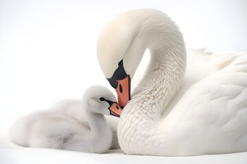 Fototapeta premium Swan Mother and Signet Close-up with White Background