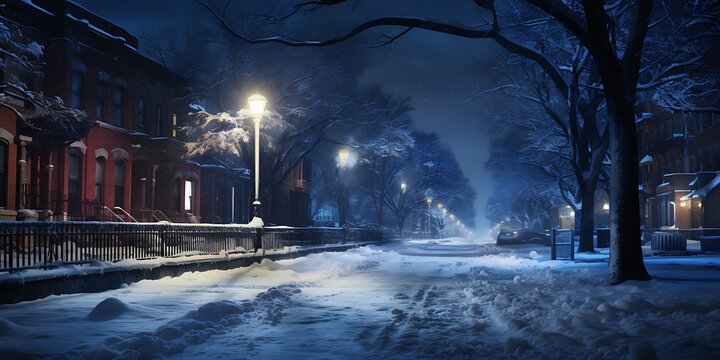 Snowy street in New York City at night. 3D rendering