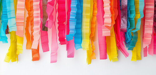 Colorful party streamers hanging, isolated on white background, blank label.
