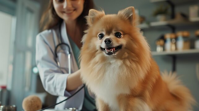 A dog is being examined by a young female doctor in a clinic. Generated AI image
