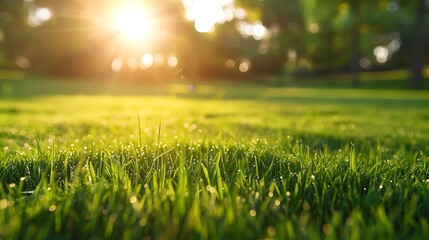 Freshly cut green grass lawn with morning sunlight in the background - obrazy, fototapety, plakaty