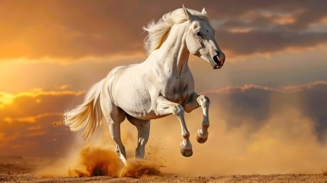 Beautiful strong horses animal running together in savanna. AI generated image