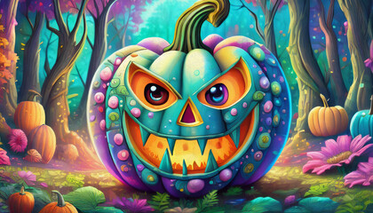 oil painting style Creatively carved pumpkin for Halloween