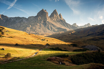 Aiguilles d Arves massif with iconic mountain peak in French Alps on autumn at Savoie, France