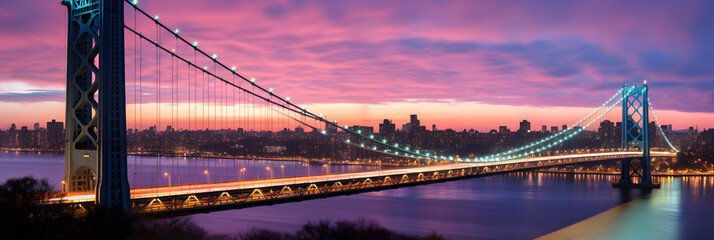 Twilight beauty: George Washington Bridge spanning over city's night lights - obrazy, fototapety, plakaty
