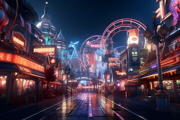 Futuristic city at night with neon lights. 3d rendering - obrazy, fototapety, plakaty