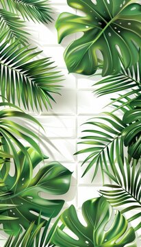 3d white green geometric floral tropical leaves wall texture background for interior design