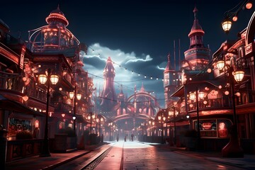 Night view of the famous amusement park in Tokyo, Japan. 3D rendering - obrazy, fototapety, plakaty
