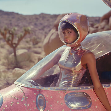 1960s Space-Age Model in the Desert in her Spaceship