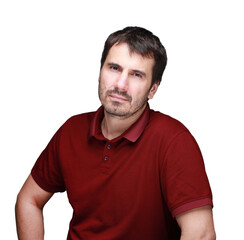 A picture of a man with a beard, mustache and fashionable hairstyle, dressed in a casual polo shirt, posing in a studio with a serious expression on a light background