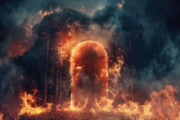 hell's gate, devil, horrific gates of hell with flames and fire and smoke - obrazy, fototapety, plakaty