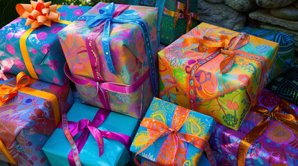 Fototapeta na wymiar Colorful Wrapped Birthday Gifts