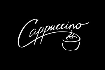 Cappuccino. Coffee time. Lettering vector illustration for poster, card, banner for cafe. Handwritten lettering design elements for cafe decoration and shop advertising