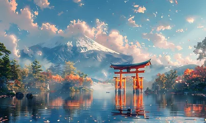 Fotobehang A watercolor-style painting inspired by the Ukihainari Shrine in Fukuoka, Japan © Brian Carter