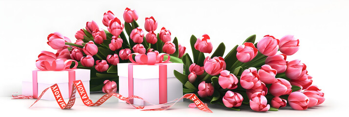 Bouquet of tulips and gift box isolated on white background,Colorful flowers illustration
