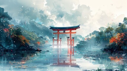 A watercolor-style painting inspired by the Ukihainari Shrine in Fukuoka, Japan - obrazy, fototapety, plakaty
