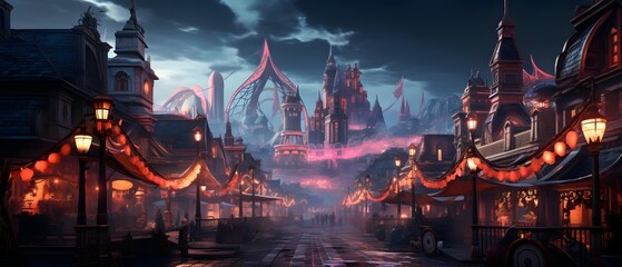 Fantasy city at night. Panoramic view of the old town.