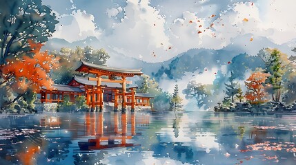 A watercolor-style painting inspired by the Ukihainari Shrine in Fukuoka, Japan