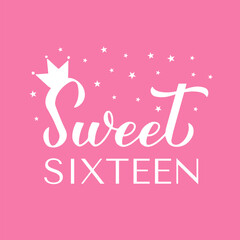 Sweet 16 calligraphy lettering on pink background. 16th birthday celebration inscription. Sweet sixteen typography poster. Vector template for greeting card, banner, invitation, etc