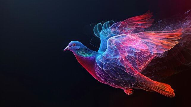 Abstract 3d colorful hologram pigeon bird drawing in dark background. AI generated