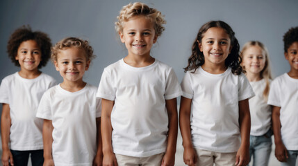 Varios niños con camisetas blancas, sonriendo frente a a la cámara en unidad